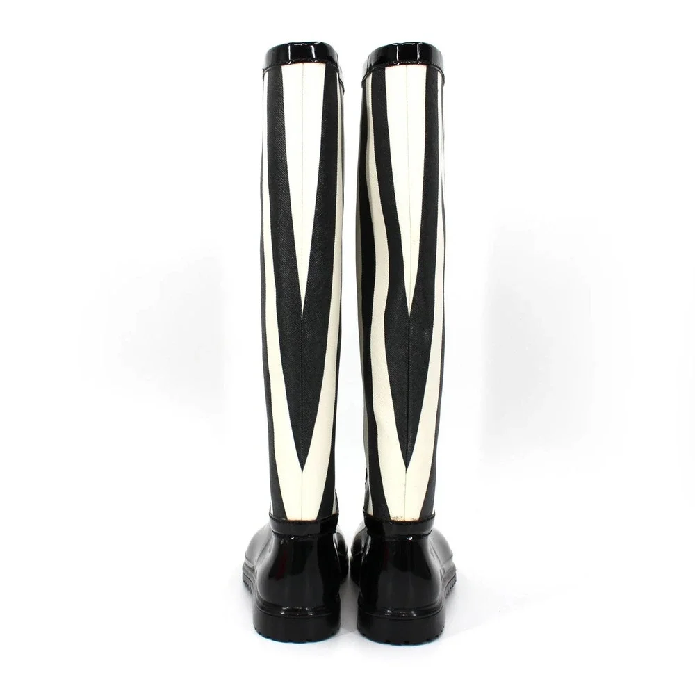Dolce & Gabbana Wellington Knee High Black White Striped Rain Boots 37 D&G Shoes